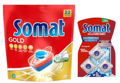 SOMAT Tabs 22 AW Gold, Geschirrspül Tabs für strahlend sauberes Geschirr auch bei niedrigen Temperaturen, gegen Eingetrocknetes + Somat Duo Power Experten 3 AW Maschinenreiniger 57g