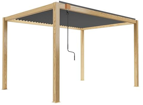 Oviala Pergola bioclimatique autoportée en Bois Anthracite 3x4m + 1 Store