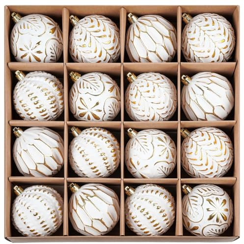 SVNVIOZ White Gold Christmas Baubles Decorations, 16Pcs 8cm Ornaments Set, Shatterproof Balls for Tree Decoration
