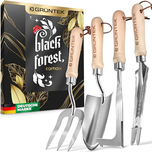 GRÜNTEK Pala Estirpatore Forchetta Cazzuola. Set 4 Attrezzi da Giardino Utensili in Acciaio Inox e in Legno di Frassino. Idea Regalo per Cura Giardino Erbacce. Sarchiatore Manuale
