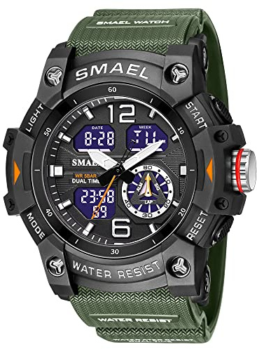 Men's Large Face Outdoor Sports Watches Military S-Shock Watch Waterproof, Backlight, Alarm, Stopwatch Features - Rugged Wristwatch for Training, Hiking and Adventure (Army Green)