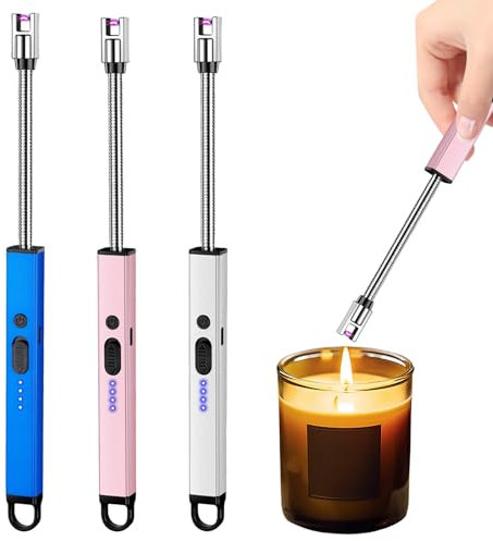BYZESTY Accendigas Elettrico Cucina, 3 Pezzi Arco Elettrico Accendino con Indicatore Della Batteria, USB Ricaricabile 720° Flessibile Cucina Lungo Antivento per Candele Camino Campeggio