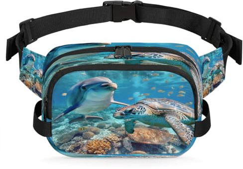 Mexpekil Bauchtasche, Schildkröte in der Tiefsee, Delfin, Zwei-Wege-Reißverschluss, Gürteltasche, wasserabweisend, mit verstellbarem Riemen, Schwarz
