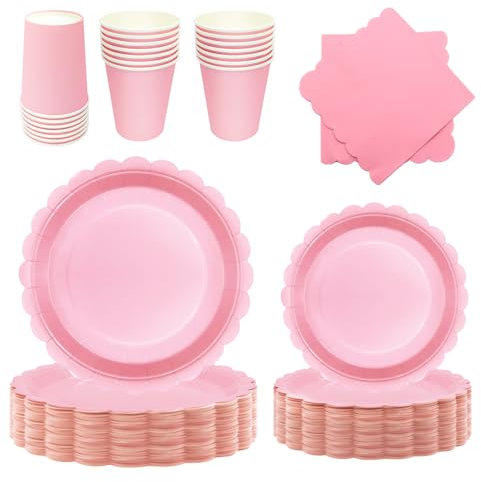 PYAILI Stoviglie per Feste 96 Pezzi Rosa Chiaro Festa della Addobbi Ragazza di Compleanno dei Dambini Articoli per Feste Set Include Piatto Carta Party Tazze Tovaglioli -24 Ospiti