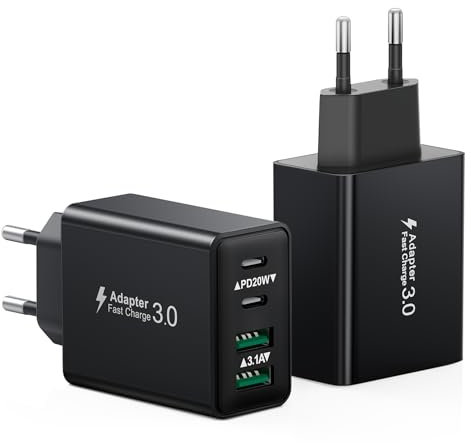 Chargeur USB C, 40W 4 Port Prise Chargeur Rapide USB C, 2Pack Multiple Secteur Double PD+QC 3.1A Type C Adaptateur pour iPhone 17 16 15 14 13 12 11 Pro Max 8 7 6S Plus Mini SE, iPad, Samsung Galaxy