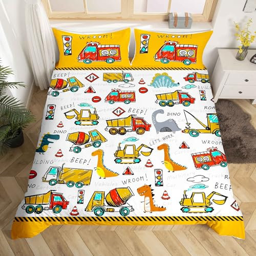 RZPFQB Véhicule D'ingénierie Parure de Lit 200 x 200 cm équipement Camion Excavatrice Tracteur Housse de Couette pour Enfant GarçOn Fille Ado Dinosaure Linge de Lit Microfibre Couvre Lit