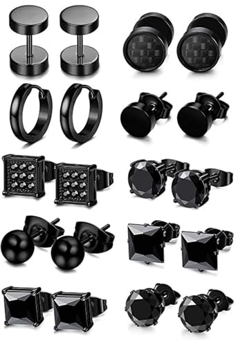 ZXTGBQ 10 Paar Ohrringe Herren Edelstahl Ohrstecker Set, Edelstahl Unisex Ohrstecker Runde Flat Top Ohrsteck, Hypoallergen Zirkonia, Piercing Knorpel - Schwarz FüR Herren Damen