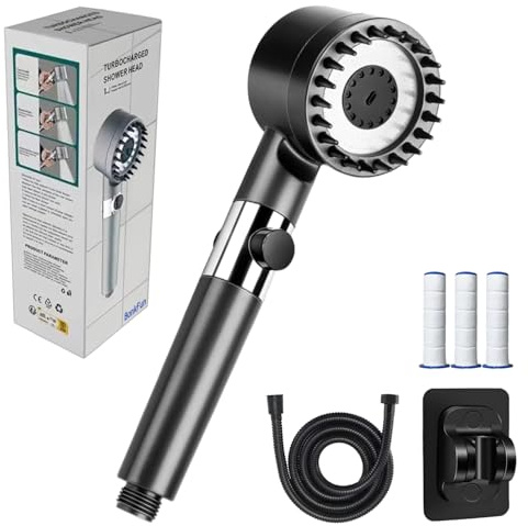 Duschkopf mit Filter, Hochdruck Handbrause mit 3+1 Strahlarten, Filtration in 6 Schichten, Duschbrause mit Stoppfunktion, mit 1.5M Brauseschlauch und Ständer, für Hartes Wasser/Bakterien/Rest-Chlor