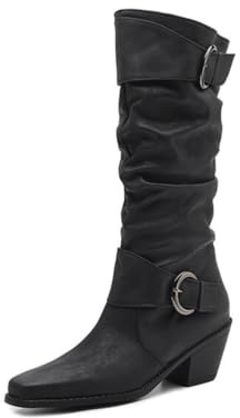 Botas Altas Retro para Mujer Punta Cuadrada De Cuero PU con Correa De Hebilla Tacón Medio Ancho Slip on Zapatos Casual Fiesta,Negro,42 EU