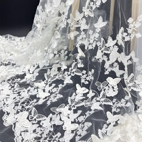 Vayliro 1 Yard Spitzenstoff Breite 155 cm 3D Schmetterling Stickerei Spitze Stoff Einseitiges Floralmuster 75 cm Blumenbereich Dekostoff für DIY Handwerk Hochzeit Kleidung Brautkleider,Weiß