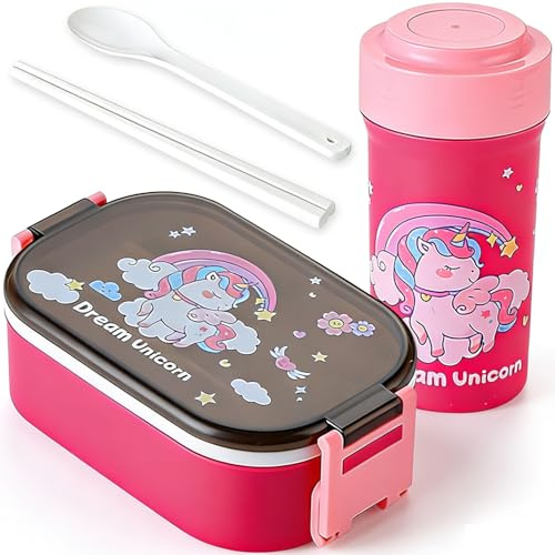 Spiritzohic Insulated Unicorn Lunch Bag Set, Childrens Lunch Box Set, 900ml Unicorn Bento Box and 500ml Leak Proof Water Bottle, for School Work Picnic Travel Beach, Gifts for Children-A