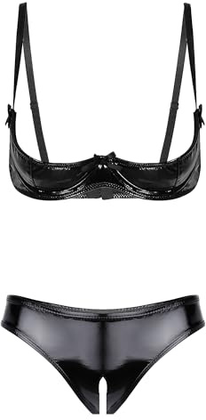 Choomomo Womens 2 Piece Lingerie Set Stretch Vinyl Shelf Bra Quarter Cup Bra Tops with Panty Set Black 3XL