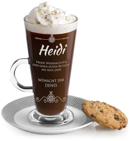 Maverton graviertes Latte Macchiato Glas 360 ml – Coffe Glass mit Henkel - Cappuccino Kaffetasse - Weihnachtsglas - Trinkglas für Kaffee - zu Weihnachten - personalisiert - Wünsche