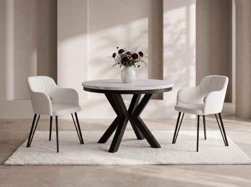 WFL GROUP Runder Ausziehbarer Esstisch im Loft-Stil - Industrieller Tisch in Weißer Marmoroptik mit Schwarzen Metallbeinen - Platzsparender Tisch für Wohnzimmer - Marmor Weiß - 100 bis 180 cm