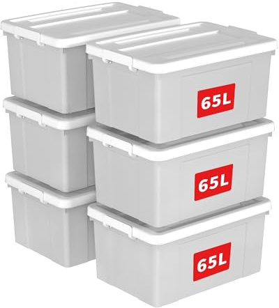Cetomo 65L*6 Caja de Almacenamiento con Ruedas, Caja de Plástico con Tapa y Cierre Seguro, Contenedor de Almacenamiento Grande, Duradera, Apilable, Resistentes, Gris, Paquete de 6 de 65L