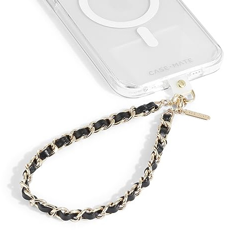 Case-Mate Detachable Phone Lanyard - Wrist Strap and Adjustable Strap Grip for Women - iPhone 15 Pro/14 Pro/13 Pro/12 Pro Max - Gold Chain/Black Leather