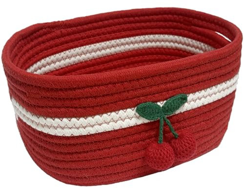 SHIANCE&LI Kleiner gewebter Korb, niedliches Baumwollseil mit Griffen, Geschenk, oval, zur Aufbewahrung, Baby-Hundespielzeug, Raumkorb, 30,5 x 20,3 x 12,7 cm, dekorativer Korb (Kirsche, S)