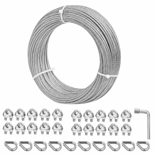 hannger Cable de alambre de acero galvanizado, cable de acero galvanizado de 1/8 pulgadas con abrazadera de cuerda y dedal, cable de avión de núcleo de 7 x 7 hilos utilizado para cobertizos anclados,