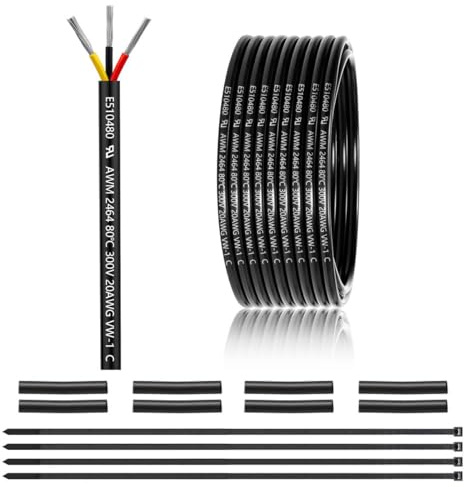 20 AWG 3x0,5 mm² 3 Adriges Kabel 7,62m, 0,5 mm² 3 Adrig Elektrischer Draht | Verzinntem Kupfer PVC 3 Adrige Elektrikkabel für DC 12V/24V, LED Beleuchtung, Verlängerungskabel, kfz usw, CE Zertifizierung