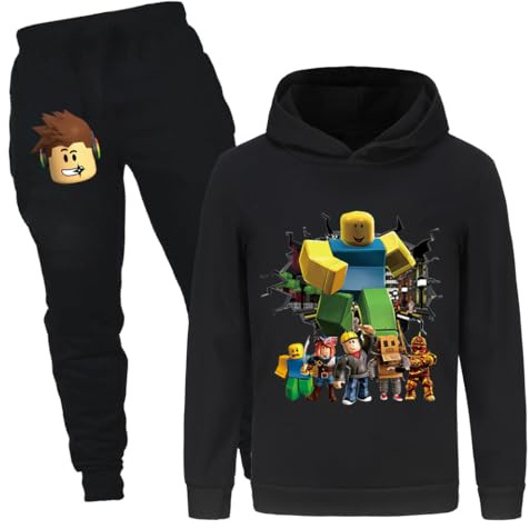 Rzfbeeok Ensemble de 2 tenues décontractées à capuche à manches longues + pantalon long en coton pour garçons et filles, Noir , 9-10 Years