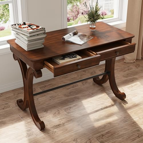 JESONVID Traditional Wood Writing Desk with 2 Drawers, 47.2 Large Work Desk with Ample Tabletop and Curved Legs, Big Secretary Table in Cherry Walnut for Home Office, SSZ-D0036