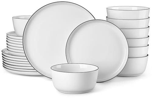 MALACASA 24 Pieces Gourmet Porcelain Dinnerware Sets, Premium Plates and Bowls Set, High-Fired Dishes Set for 8, Chip & Scratch Resistant, Microwave Dishwasher Safe, White & Black Rim, Series LEXI