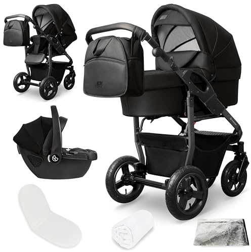 Bergsteiger Capri Kombikinderwagen 3-in-1 Babywanne Sportsitz Babyschale | Komfortables Reisesystem ab Geburt mit Luftreifen Rahmenfederung verstellbarem Griff Platzsparend faltbar und Wickeltasche