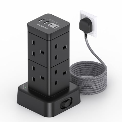 Tower Extension Lead Black 5M, 8 AC Outlets Multi Plug Power Strip[13A 3250W], Surge Protected Extension Lead, Extension Cable with 4 USB Slots(2 USB C) for Home, Office, Desk Accessories, Kitchen