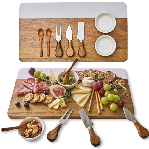 CharQ Charcuterie Board Set - Marble & Acacia Wood Cheese Board and Serving Board Platter, Charcuterie Boards Gift Set for Hosting, Wedding and Housewarming, Bridal Shower Marble Serving Tray