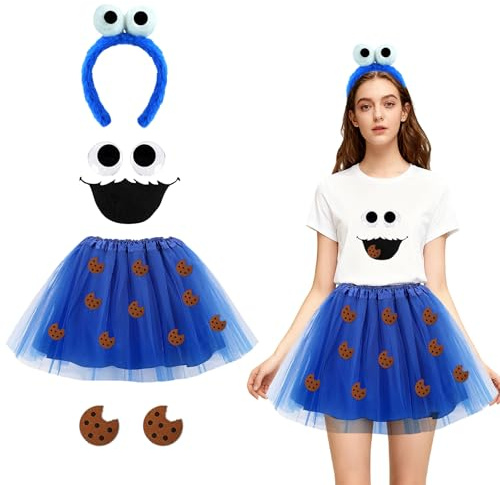WVWMYM Krümelmonster Kostüm Damen, Faschingskostüme Damen, Cookie Monster Kostüm mit Haarreif Tutu Rock Augen Mund Aufkleber Keks Aufkleber, Karneval Kostüms Damens für Karneval Fasching
