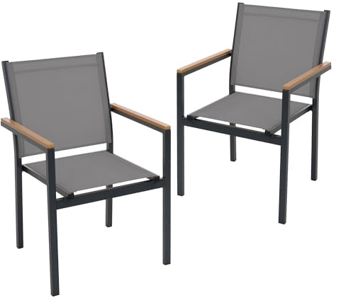 ML-Design Set di 2 Sedie da Giardino Grigio Scuro con Braccioli in Legno Naturale, Poltrone in Textilene Traspirante per Patio e Balcone, Struttura in Alluminio Resistente alle Intemperie per Esterno