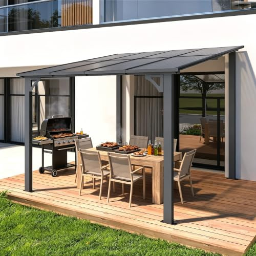 YODOLLA 2,4 x 2,4 m Terrassenüberdachung für Garten, Schwarz | großes Pergola wandmontierter aus feuerverzinktem Stahl, 127 km/h windbeständig, schwere Pavillon für Hinterhof und Terrasse