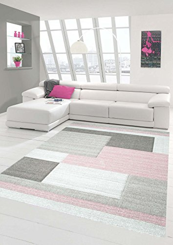Traum Designerteppich Moderner Wohnzimmerteppich Kurzflor Mit Konturenschnitt Karo Muster Pastellfarben Rosa Beige, Größe 80x150 cm