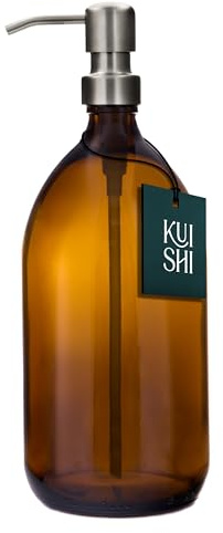 Botella con Bomba de Vidrio ámbar Kuishi con Bomba de Acero Inoxidable [1000ml, Bomba Plateada], ámbar Botellas de Vidrio marrón Recargables Ideal para Lavado a Mano, champú, acondicionador (sin BPA)