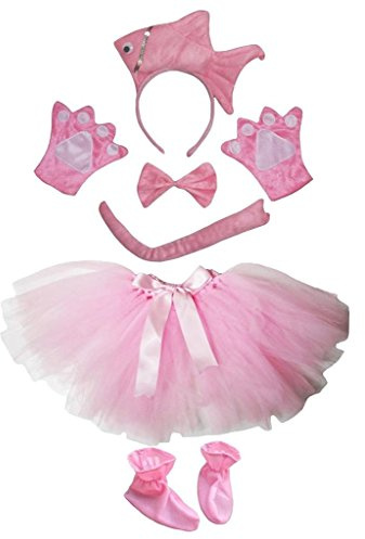 Petitebelle 3D pannband fluga svans handskar kjol skor 6 st flickdräkt (3D rosa fisk)