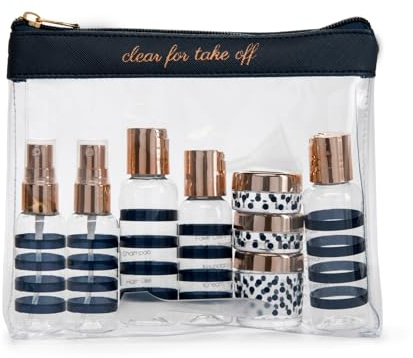 Miamica Bouteilles de Voyage conformes à la TSA pour Femme, Bleu Marine et doré, 12-Piece, Trousse de Toilette