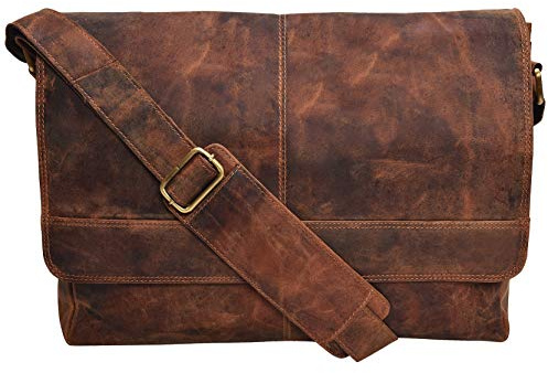 LEVOGUE VALENCHI Axelremsväska i äkta läder för män och kvinnor, 14 tums laptopväska för arbete, kontor, vintage cognac, M, vintage