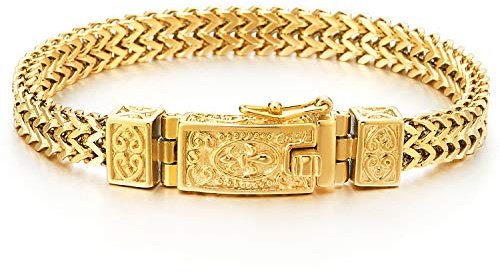 COOLSTEELANDBEYOND Biker Herren Gold Farbe Franco Link Panzerkette Armband aus Edelstahl mit Vintage Fleur de Lis Federringverschluss