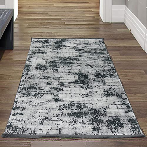 Moderner Teppich Wohnzimmer in Abstraktem Orientalischen Design in Grau auf schwarzem Hintergrund Größe 80x150 cm