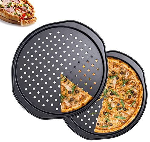 AZKEEGREY 2 Pack 14 inch Pizza Trays for Oven Non Stick with Holes,Carbon Steel Round Non-Stick Pizza Pan with Handle (Inside Diameter 30cm)