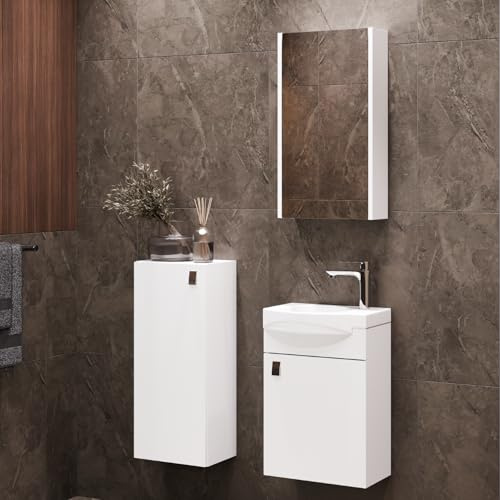 Planetmöbel Badmöbel Set Waschtisch mit Unterschrank | 40 x 60 x 29 cm, Spiegelschrank 40 cm & Midischrank für Badezimmer, Gäste WC & Bad, Weiß
