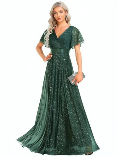Ever-Pretty Women's Sparkling Ruffles Sleeve Deep V-Neck Empire Waist A-Line Bridesmaid Dress EE50159