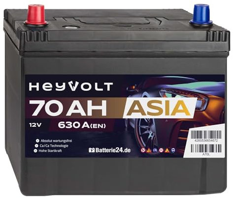 HeyVolt Asia Autobatterie 12V 70Ah 630A/EN Starterbatterie, absolut wartungsfrei, Pluspol Links