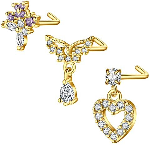 Mayhoop 20G 3Stk L Förmig Nasenring Nasenstecker Chirurgenstahl Nasen Stud Strass Goldene Nasenpiercing Schmuck für Frauen Männer