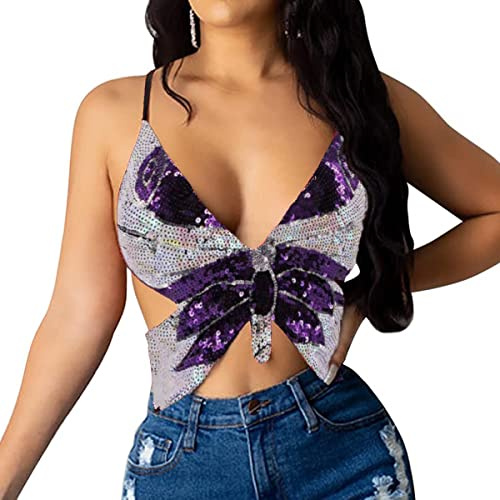 Top de baile del vientre para mujeres, camiseta de bandas de vendaje de lentejuelas de mariposa, Tubo sin espalda Tubo Tubrete Maneveless Vest para danza del vientre, danza latina, club de fiesta