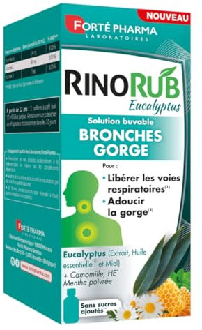 Forté Pharma - RinoRub Solution buvable Bronches-Gorge - Complément alimentaire - Maux de gorge, Gorge irritée, Bronches - Huile essentielle d'Eucalyptus et de Menthe Poivrée - Flacon 125ml