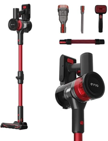 EVVO Aspiradora SIN Cable, Aspirador de Mano con 75 min Autonomía y Carga Rápida, Tubo Telescópico, 25,9 V Litio-Ion, Gran Potencia: 21 KPa y 200W, Filtro HEPA, 4 Accesorios (Modelo: Ai35)