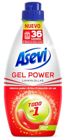 Asevi Lavavajillas Líquido para Máquina Gel Power - Detergente para Lavaplatos Todo en 1 - Gran Poder Desengrasante, Brillo Sin Marcas y Protección Antical - 36 Lavados