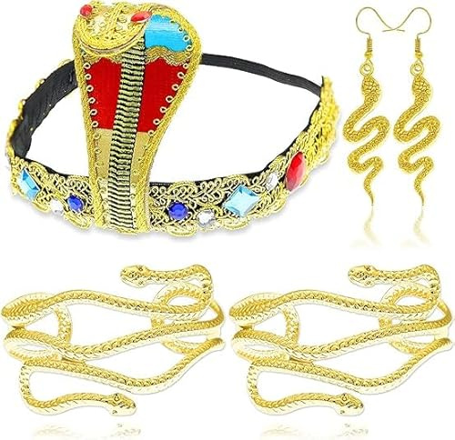 songyea 5 Stück Ägyptisches Kostüm Zubehör, Ägyptischer Kopfschmuck für den Karneval mit Metall Schlangenarm Manschetten, Schlangenohrringe, Schmuck für Frauen Vintage Faschingsparty Dekoration