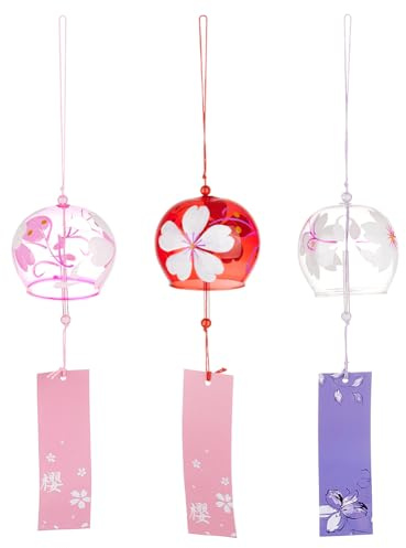 BENECREAT 3 Pcs 3 Couleurs Carillons Éoliens en Verre de Fleurs de Cerisier Japonais, Rouge Foncé, Perle Rose, Carillons Éoliens Violets Moyens avec Pendentif de Bénédiction pour Décoration de Mariage